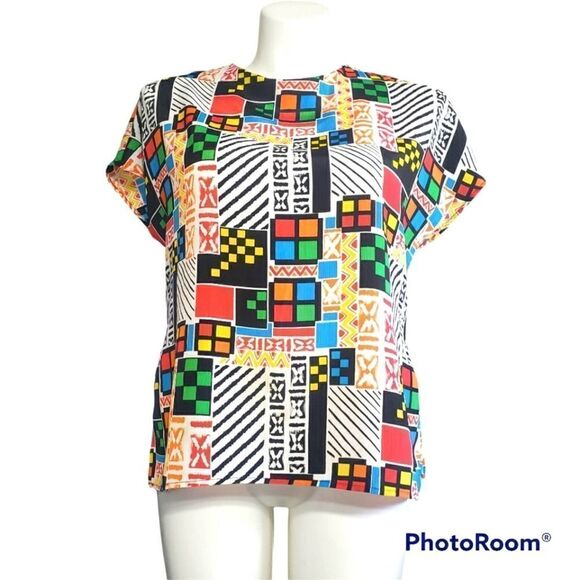 Natalie vintage top 80's graphic pop art boxy retro multicolor patchwork L - Picture 1 of 5